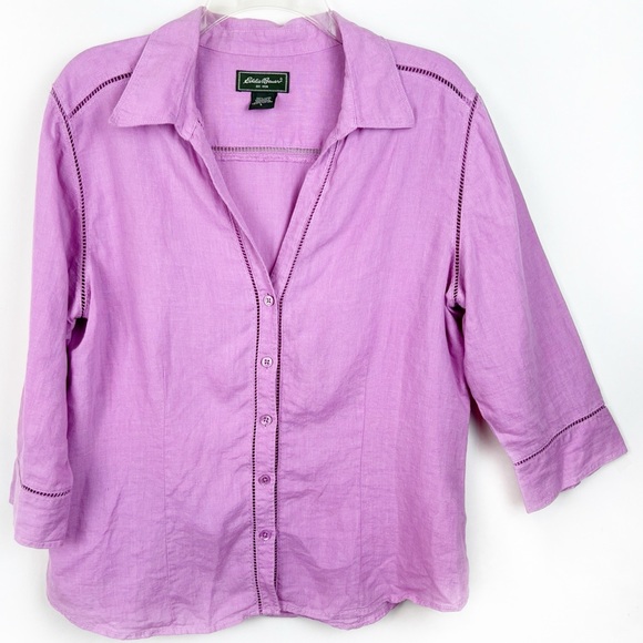 Eddie Bauer Women’s Linen Button Down Shirt Purple Large 3/4 Sleeves Coastal - Picture 1 of 8